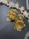 Antique Gold Plated German Brass Jhumkas with Carved Green Agate Stone and Pearl Drops