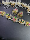 Antique Fusion Silver-Gold Necklace Set with Ruby and Peacock Motifs