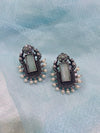 Oxidized Silver Monalisa Stone Earrings with Pearls | Antique Ethnic Jewelry