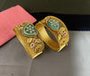 Traditional Heritage Gold Bangles with Green Enamel and Ruby Floral Design