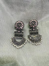 Elegant Oxidized Silver Jhumka Earrings with Pearls & Pink Stone Detailing
