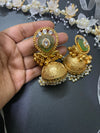 Antique Gold Plated German Brass Jhumkas with Carved Green Agate Stone and Pearl Drops
