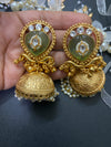 Antique Gold Plated German Brass Jhumkas with Carved Green Agate Stone and Pearl Drops
