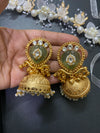 Antique Gold Plated German Brass Jhumkas with Carved Green Agate Stone and Pearl Drops