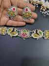 Antique Fusion Silver-Gold Necklace Set with Ruby and Peacock Motifs