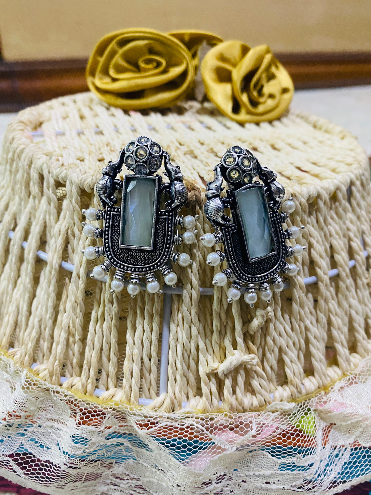 Oxidized Silver Monalisa Stone Earrings with Pearls | Antique Ethnic Jewelry